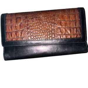 Brahmin Vintage Tri-Fold Wallet - Black & Cognac Croc Embossed Leather